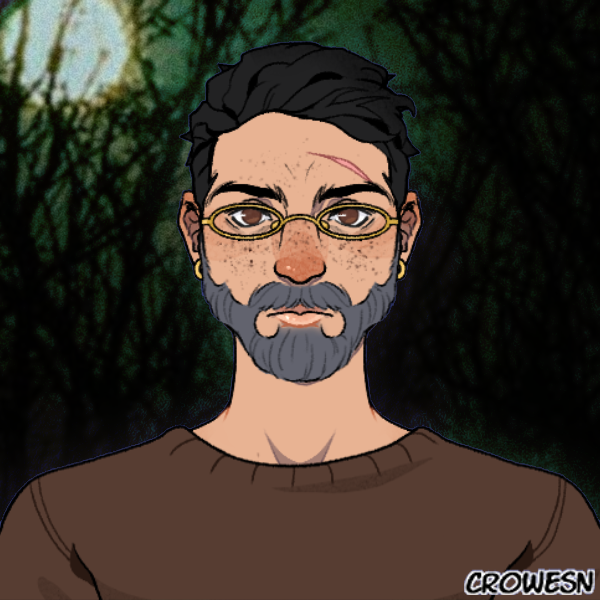 A white man with short black hair, a grey beard, gold hoops, and gold glasses.