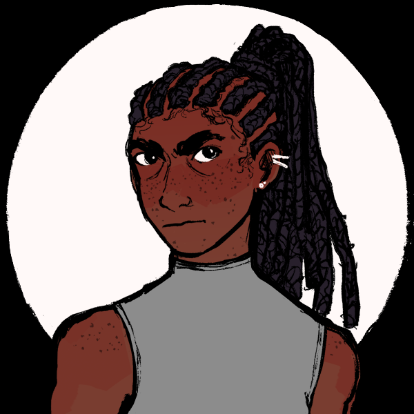 Androgynous black character with cornrows pulled back into a long ponytail