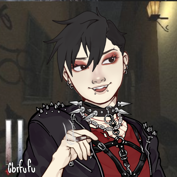 Vampire with an under cut,facial piercings, and spikey leather clothes and jewlery