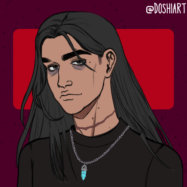 A tan man with long black hair and a scar arond his neck