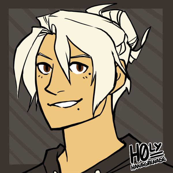 Tan man with a light blond hair pulled into a messy bun, and brown eyes