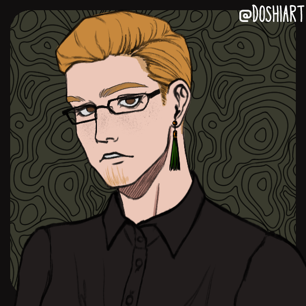 Picrew Avatar with pink hair, blue eyes, a grey hoodie, and black headphones making a peace sign