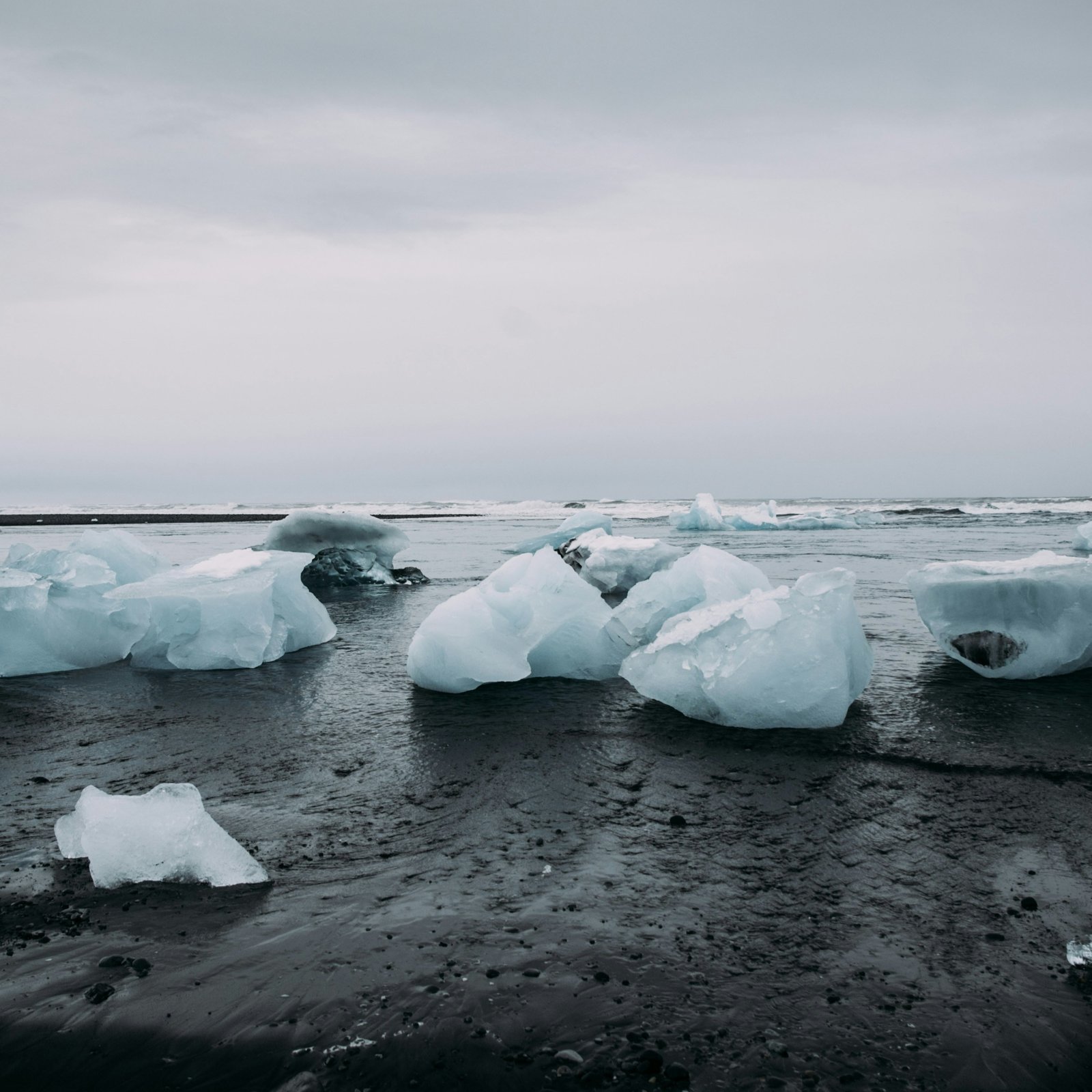 Broken pieces of glaciers on a black sand beach
